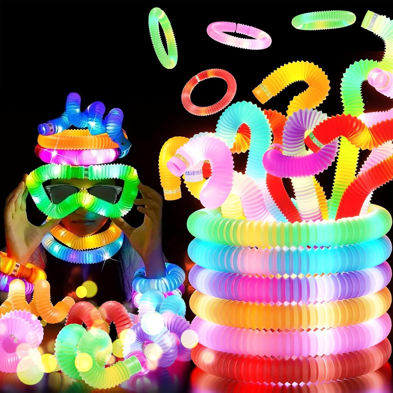 24 PCS Light Up Pop Tubes Glow Sticks, Christmas Halloween Light Toys Party Decorations Supplies Favors for Kids, Sensory Toys Toddler Learning Activities for Boys Girls